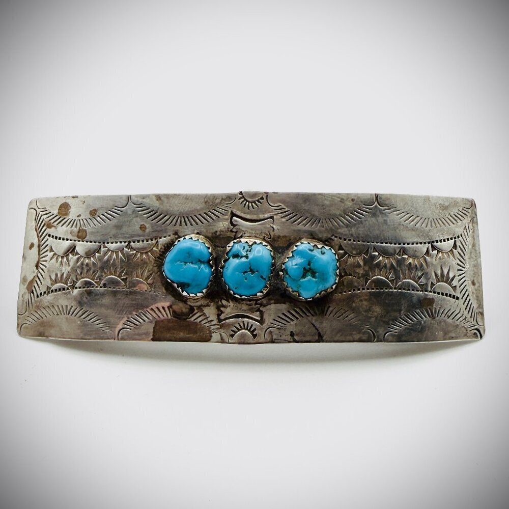 Vintage Sterling Silver Turquoise 3-Stone Barrette Hair Clip
